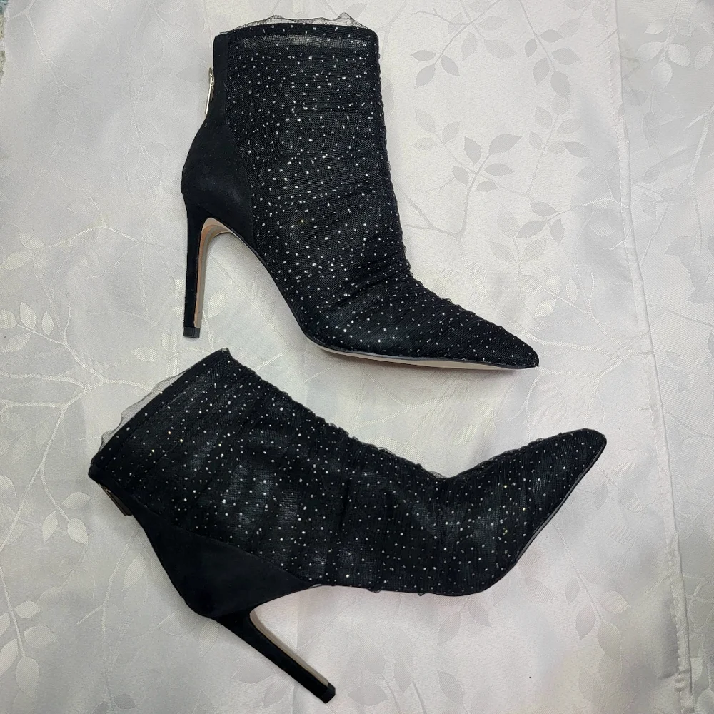 Sam Edelman Farren Glitter Mesh Tulle Pointed Toe Stiletto Heeled Ankle Booties‎